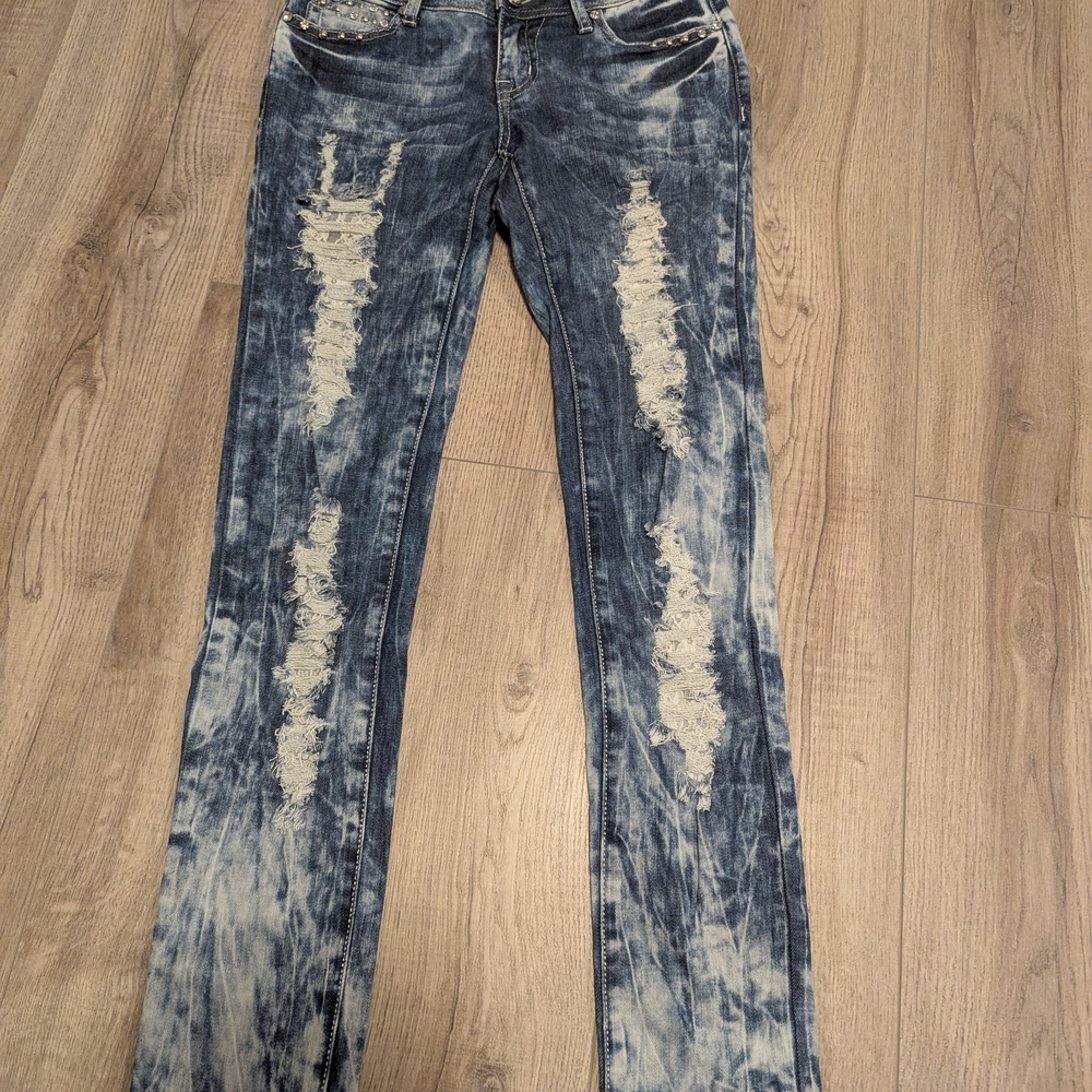 Grace in LA Blue Straight Leg Jeans with Distressed Finish